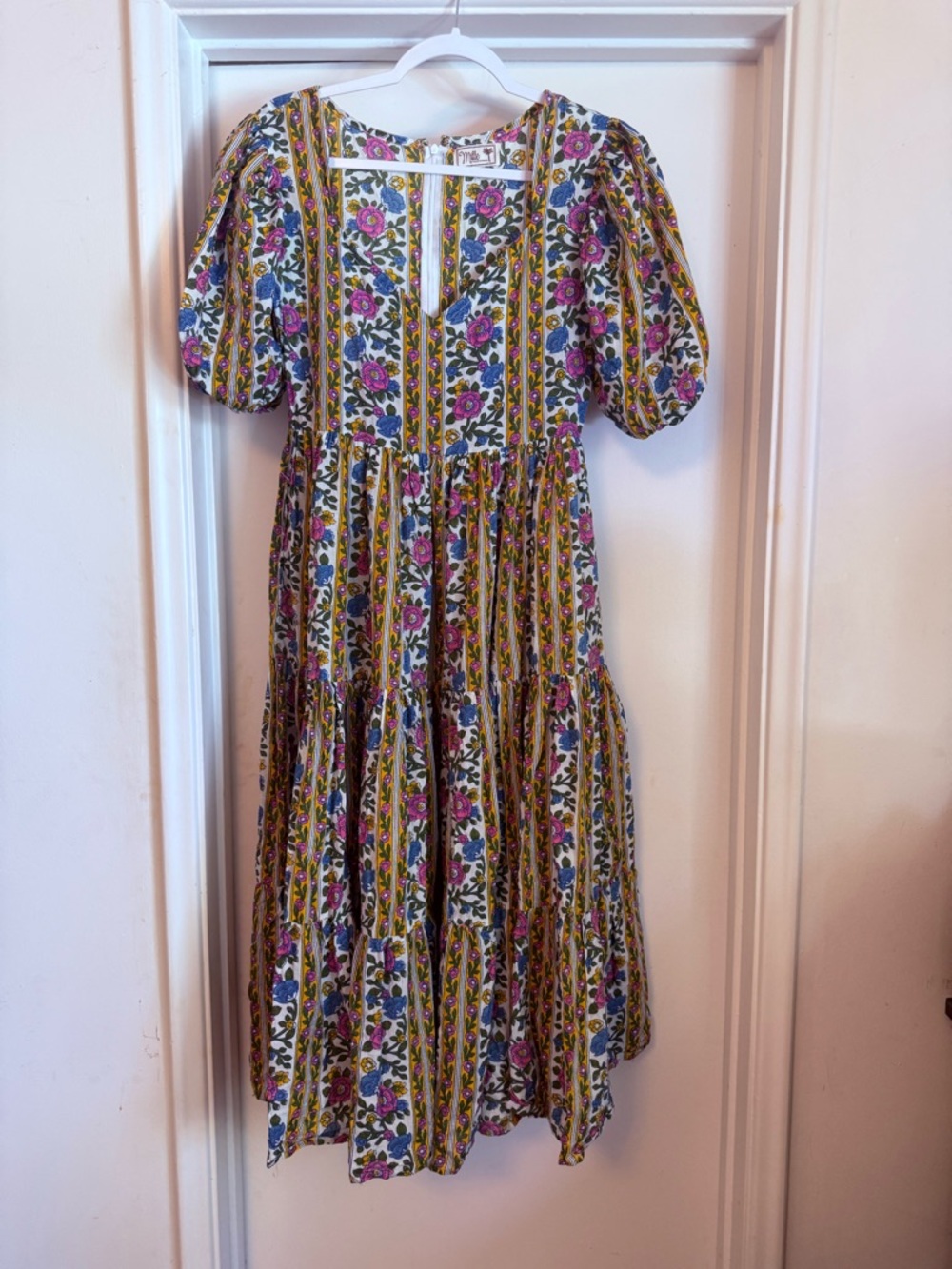 Floral Stripe Puff-Sleeve Midi Dress - White with Pink & Green